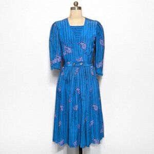 Vintage 1970's Handmade Bright Blue Striped Day Dress SZ M